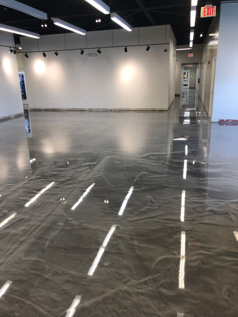 Polished concrete floor in modern gallery space with bright lighting and minimal decor.