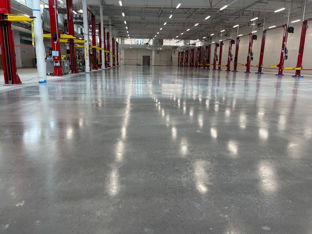Spacious automotive shop with polished concrete floor and multiple vehicle lifts.